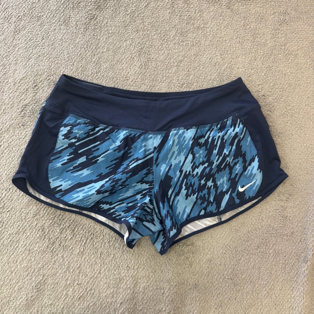 Nike Running Shorts Womens M Blue Camo Dri-Fit Athletic Activewear NWT